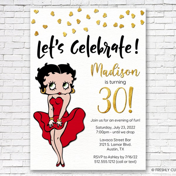 Gold Sparkle Betty Boop Birthday Invitation - Printable or Printed (w/ FREE Envelopes)