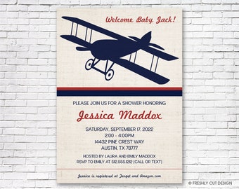 Vintage Airplane Baby Shower Invitation - Printable or Printed (w/ FREE Envelopes)