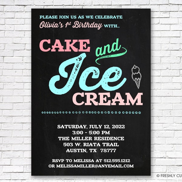 Cake and Ice Cream Chalkboard Invitation - Printable or Printed (w/ FREE Envelopes)