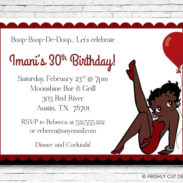 African American Betty Boop Birthday Invitation - Printable or Printed (w/ FREE Envelopes)