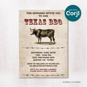 Puede incluir: Una tarjeta de invitación rectangular con fondo de pergamino beige, una ilustración de una vaca marrón, gráficos de alambre de espino y texto en rojo y negro que dice THE EDWARDS INVITE YOU TO OUR TEXAS BBQ, fecha, hora, lugar y RSVP.