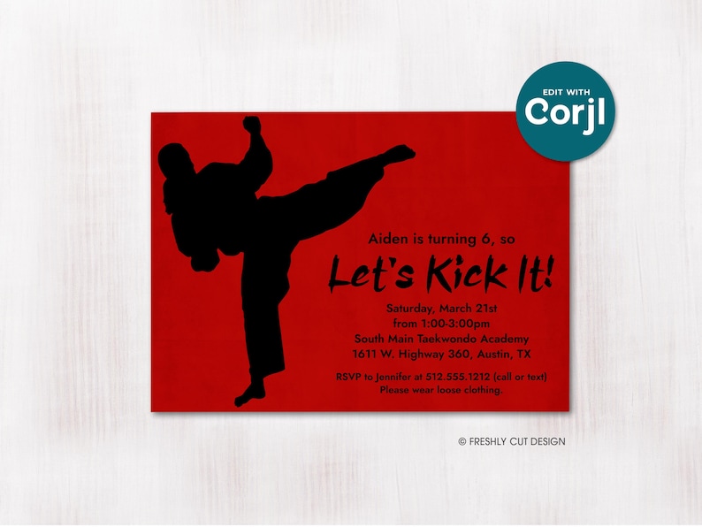 Invitación editable para fiesta de cumpleaños de karate o taekwondo / Descarga instantánea / Plantilla Corjl (5x7 pulgadas) imagen 1