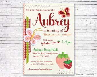Strawberries and Butterflies Invitation - Printable or Printed (w/ FREE Envelopes)