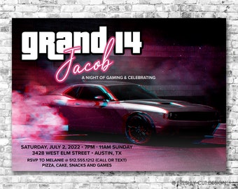 Grand Theft Birthday Invitation - Printable or Printed (w/ FREE Envelopes)