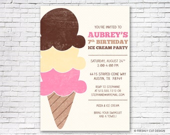 Ice Cream Birthday Party Invitation - Printable or Printed (w/ FREE Envelopes)