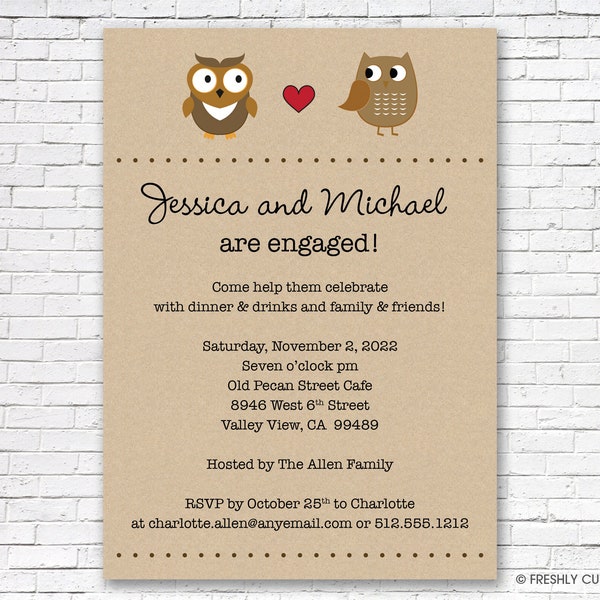 Two Owls Engagement Party Invitation - Printable or Printed (w/ FREE Envelopes)