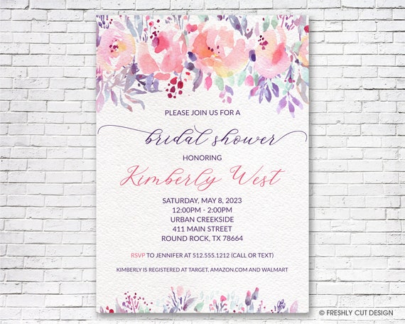 Purple and Pink Watercolor Bridal Invitation - Printable or Printed (w/ FREE Envelopes) Il_570xn