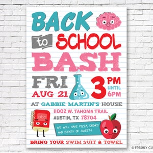 May include: A rectangular invitation flyer with a lined paper background featuring the text BACK TO SCHOOL BASH. It includes cartoon illustrations of a brain, a beaker, a red notebook, and an apple, with event details for August 21st at 3 PM.
