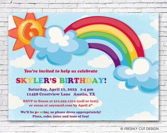 Sunshine and Rainbows Birthday Party Invitation - Printable or Printed (w/ FREE Envelopes)