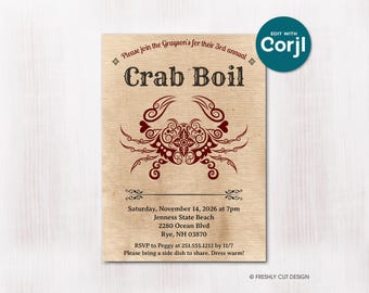 Puede incluir: Una tarjeta de invitación rectangular con fondo de veta de madera clara y una ilustración de cangrejo decorativo en rojo oscuro. El texto dice: Please join the Grayson's for their 3rd annual Crab Boil, Saturday, November 14, 2026 at 7pm, Jenness State Beach, 2280 Ocean Blvd, Rye, NH 03870, RSVP to Peggy at 251.555.1212 by 11/7, Please bring a side dish to share. Dress warm!