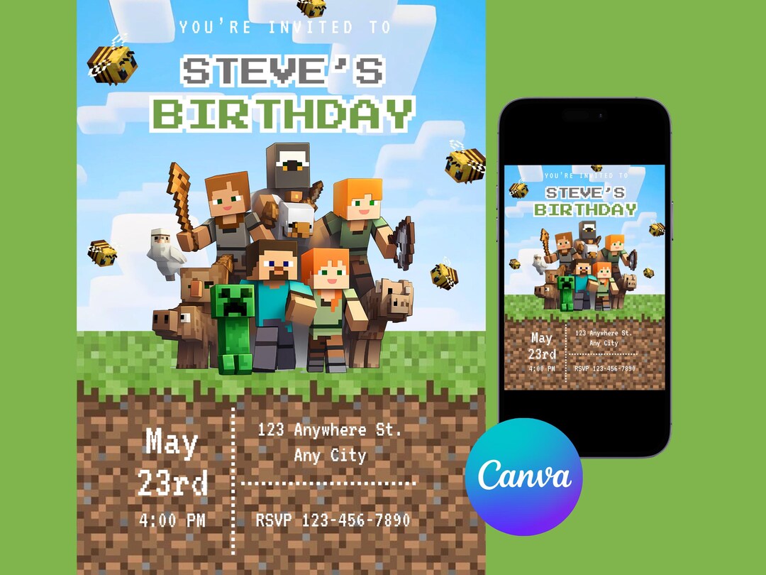 Minecraft Birthday Invitation, Minecraft Digital Download Invitation ...