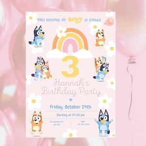 Invito di compleanno per ragazze Bluey, Bluey, festeggiata, invito, download digitale, modello Canva