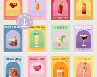 Colorful cocktail art print bundle of 12, bar printable art trendy cocktail poster, kitchen wall decor drinks poster alcohol print