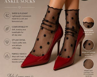 Calcetines negros transparentes de lunares, calcetines tobilleros de malla transparente, calcetines bonitos para tacones, calcetines con estética coqueta, calcetines elegantes de vestir para mujer