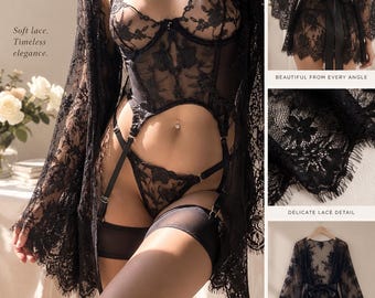 4-Piece Black Lingerie Set with Bustier, Thong, Tulle Thigh Garters