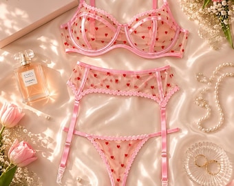 Petite Pink Mesh Lingerie Set – Red Hearts Bra, Thong & Garter