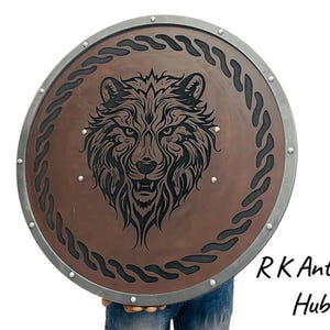 24&quot; Nordic Wolf Shield – Medieval Viking Wooden Wall Art with Warrior Finish