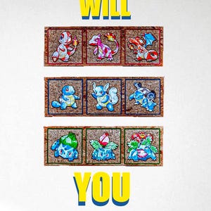 May include: Artwork featuring nine colorful Pokémon characters, each in a framed square. The artwork is arranged in three rows of three, with the text "WHO WILL YOU CHOOSE?" in yellow and blue.