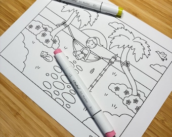 Página para colorear de un columpio al atardecer (descarga digital)