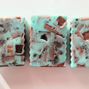 May include: Three rectangular bars of soap featuring a light mint green base embedded with scattered dark brown and tan geometric fragments, along with fine dark brown speckles throughout the surface, finished with a wavy, scalloped edge design.