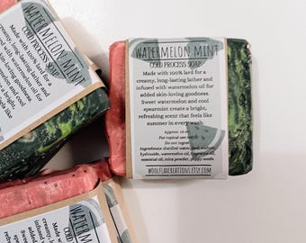 Jabón de sandía y menta – Jabón de manteca de cerdo elaborado mediante proceso en frío, aroma fresco de verano, jabón artesanal de menta afrutada, jabón de baño artesanal
