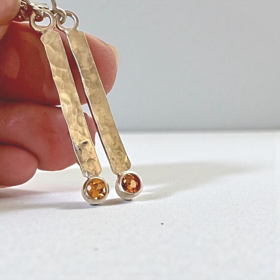 Matchstick earrings of sterling silver and yellow sapphire