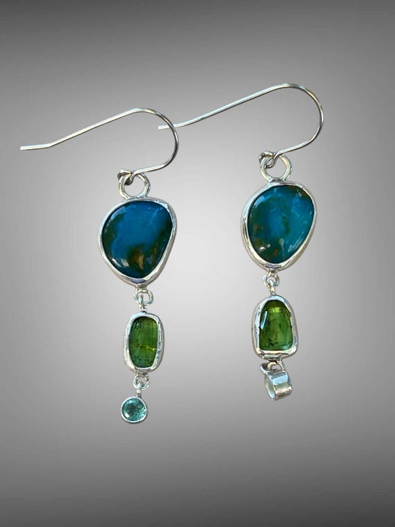 Pervian opal, topaz and tourmaline earrings