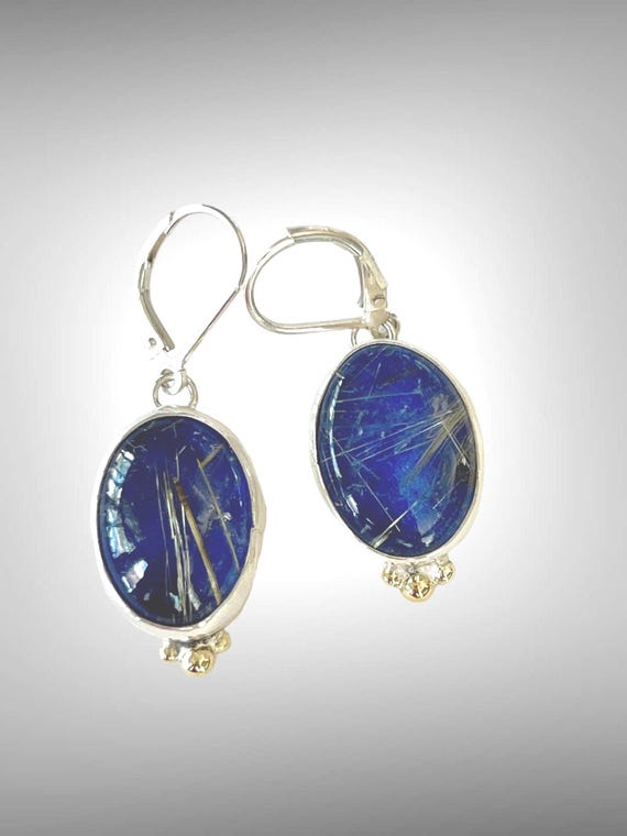 Rutile quartz over lapis lazuli earrings
