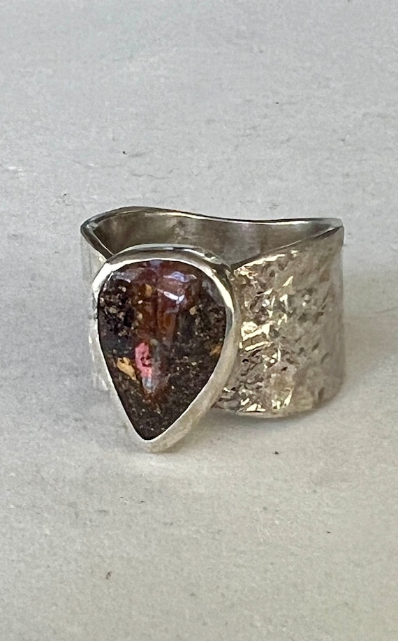 Australian Boulder Opal ring in reticulated silver