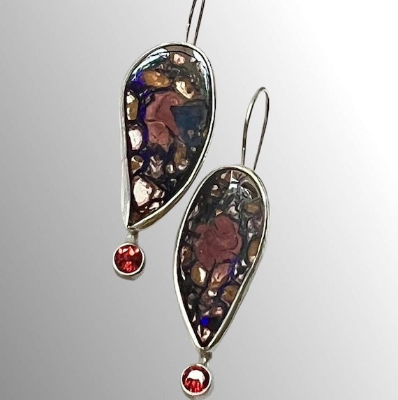 Elongated tear drop Boulder Opal with Mozambic garnet earrings