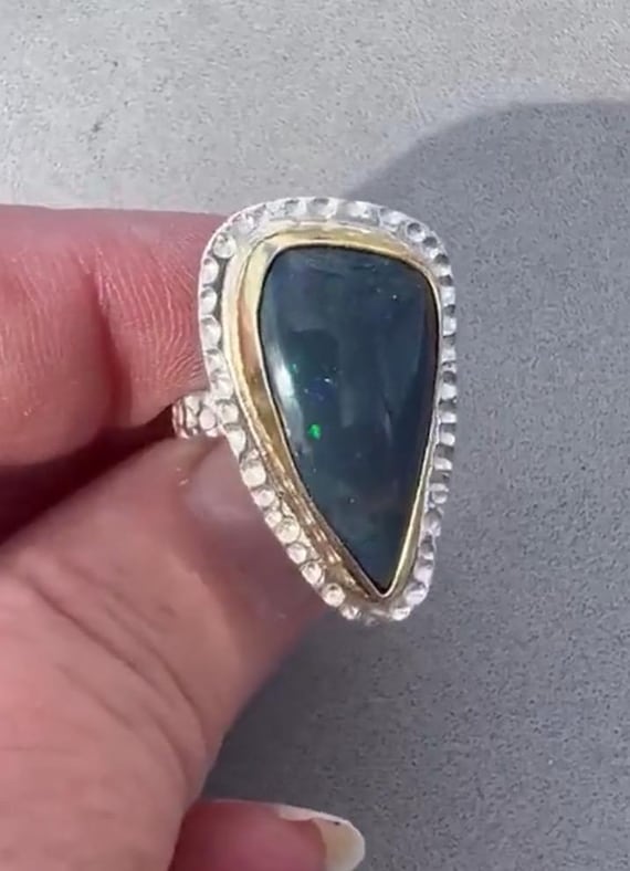 Deep green Australian Boulder Opal in 18k gold