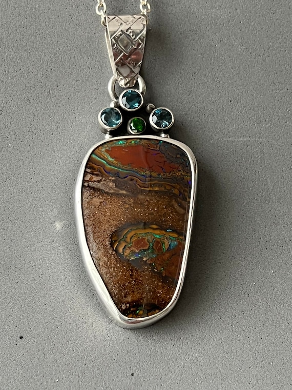 Large Australian Boulder Opal with Topaz and Chrome Diopside pendant