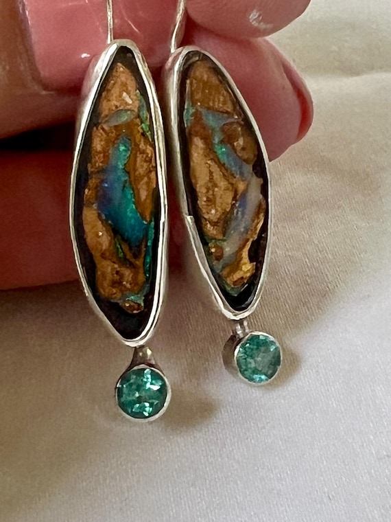 Australian boulder opal with blue apatite earrings