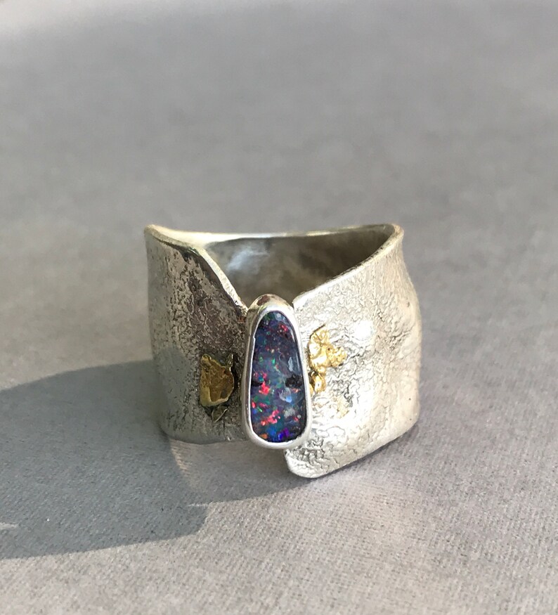 Opal ring reticulated silver 22k gold nuggets