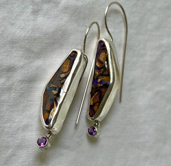 Boulder opal and amethyst earrings