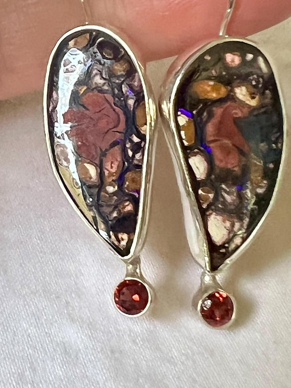 Elongated tear drop Boulder Opal with Mozambic garnet earrings