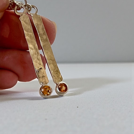 Matchstick earrings of sterling silver and yellow sapphire