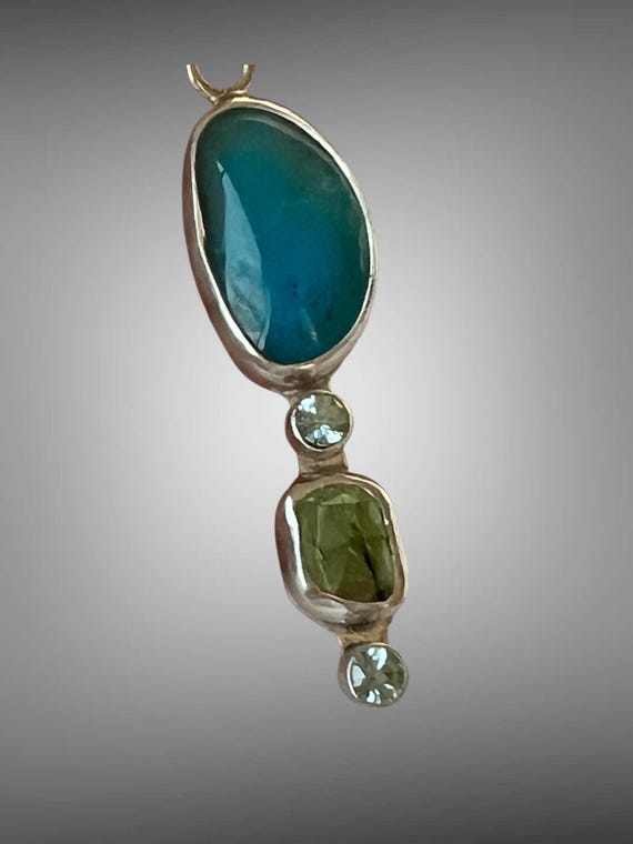 Peruvian opal green tourmaline and blue Topaz pendant