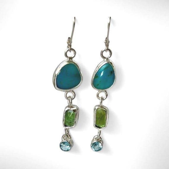Peruvian opal tourmaline and blue zircon earrings