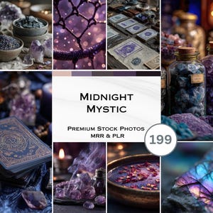 Puede incluir: Un collage de imágenes con temática mística. Las imágenes incluyen cartas del tarot, cristales, tarros de piedras y cuencos de hierbas. La paleta de colores está dominada por tonos de morado, azul y dorado. El texto "Midnight Mystic" es visible.