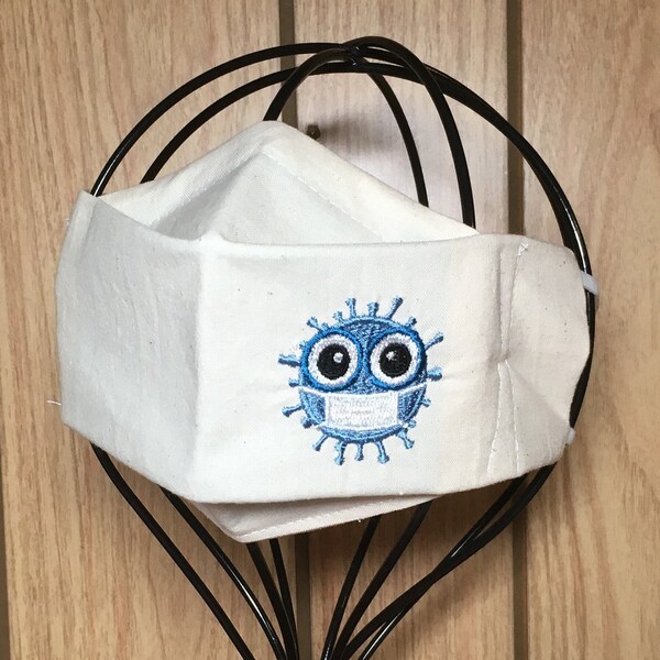 Embroidered COVID virus mask - adult big pleat style - 3 layer cotton mask with nose wire, filter and adjustable ear loops