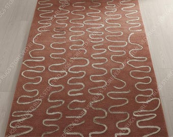 Hand Tufted Wool Area Rug | Modern Terracotta Wavy Lines Carpet
