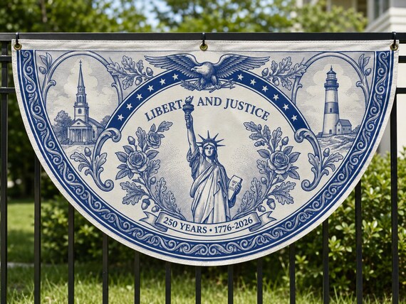 1776 2026 flag, 250 years flag, Liberty and Justice Fence Flag | Statue of Liberty Blue White Engraving Patriotic Porch Decor 250