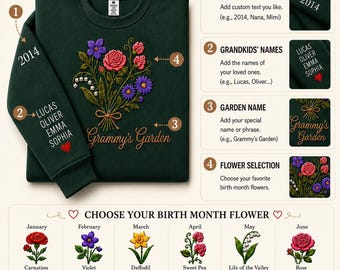 Felpa Grammy, regalo per la nonna, regalo personalizzato, felpa ricamata, girocollo da giardino personalizzato con i nomi dei nipoti