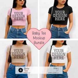 Puede incluir: Un paquete de maquetas de camisetas de bebé con cuatro camisetas cortas de diferentes colores: rosa, negro, beige y blanco. Cada camiseta tiene el texto "YOUR DESIGN HERE" impreso en la parte delantera. La imagen incluye un gráfico en forma de corazón que dice "Baby Tee Mockup Bundle".