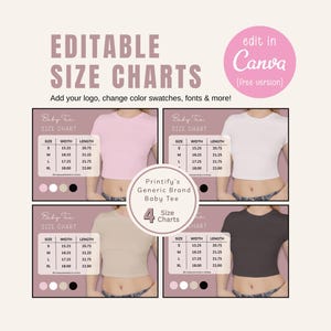 May include: An editable size chart graphic for baby tees, featuring four different shirt colors: pink, white, tan, and black. Each shirt is displayed with a size chart showing width and length in inches. The graphic includes the text "Edit in Canva (Free version)".