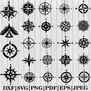 Peut inclure: Plusieurs motifs de roses des vents noires de styles variés, sur un fond clair en bois. Les boussoles présentent des indicateurs directionnels et des détails complexes, adaptés aux projets sur le thème de la navigation ou du voyage. Le texte "DXF | SVG | PNG | PDF | EPS | JPEG" est inclus.