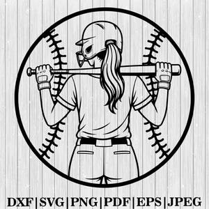 Paquete de archivos SVG de chica beisbolera, silueta de jugadora de sóftbol, imágenes prediseñadas de béisbol femenino, descarga digital deportiva, archivos de corte PNG y EPS para Cricut.