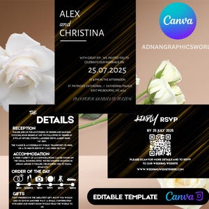 Bewerkbare minimalistische huwelijksuitnodigingsbundel, moderne uitnodigingssuite, RSVP-kaarten, elegante afdrukbare detailsset, canvassjabloon, onmiddellijke download