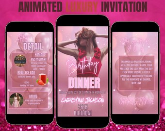 Rosa Geburtstags-Party-Video-Einladung: Animierte digitale Einladung (bearbeitbare Vorlage, digitaler Download